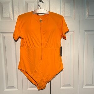 knix Women's Short-Sleeve One-Piece Swimsuit in Orange with Front Zip